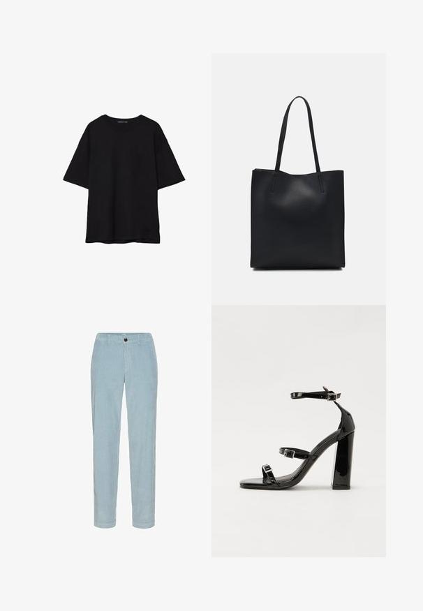 Zwarte katoenen T-shirt met een relaxed fit, korte mouwen, ronde hals en een gladde textuur. Geen zichtbare patronen of accenten.; Lichtblauwe corduroy broek met een recht model, voorzien van getextureerde verticale strepen, een knoopsluiting en riemlussen.; Zwarte gepatenteerde sandalen met hak en een vierkante neus, enkelbandjes en zilveren gespen. Heeft een stevige blokhak voor stabiliteit.; Zwarte leren handtas met een gladde textuur, rechthoekige vorm en twee lange handvaten. Geen zichtbare hardware of versieringen.