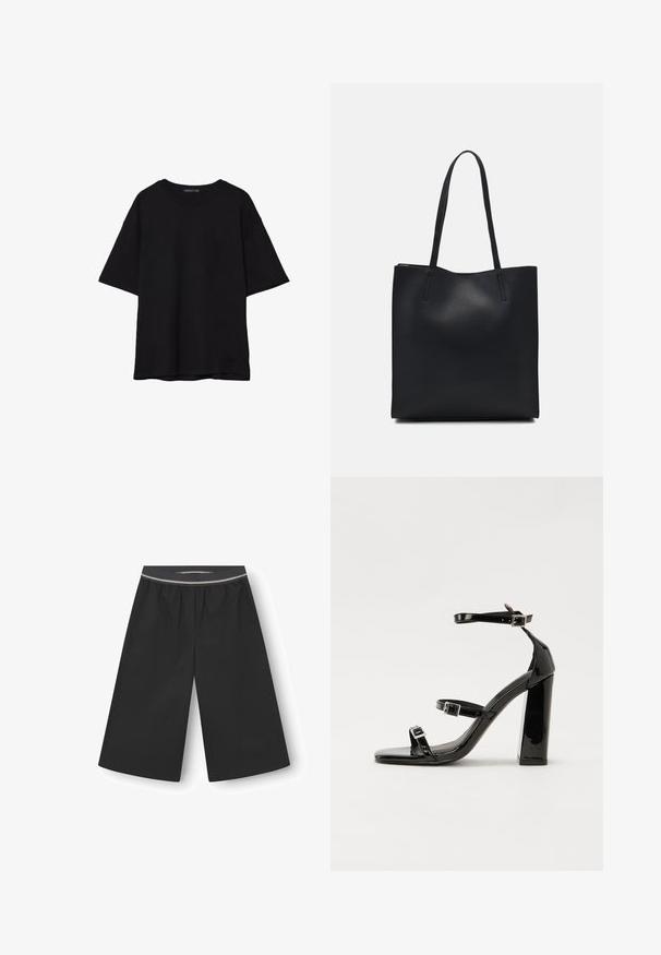 Crna pamučna majica s opuštenim krojem, kratkim rukavima, okruglim izrezom i glatkom teksturom. Nema vidljivih uzoraka ili detalja.; Crne hlače širokih nogavica od laganog materijala. Imaju elastičnu vrpcu s suptilnom dekorativnom prugom. Glatka tekstura, bez džepova.; Crne lakirane sandale na pete sa kvadratnim nosom, trakama oko gležnja i srebrnim kopčama. Imaju čvrst blok petu za stabilnost.; Crna kožna torba za nošenje s glatkom teksturom, pravokutnim oblikom i dvije duge ručke. Nema vidljivih metalnih dijelova ili ukrasa.