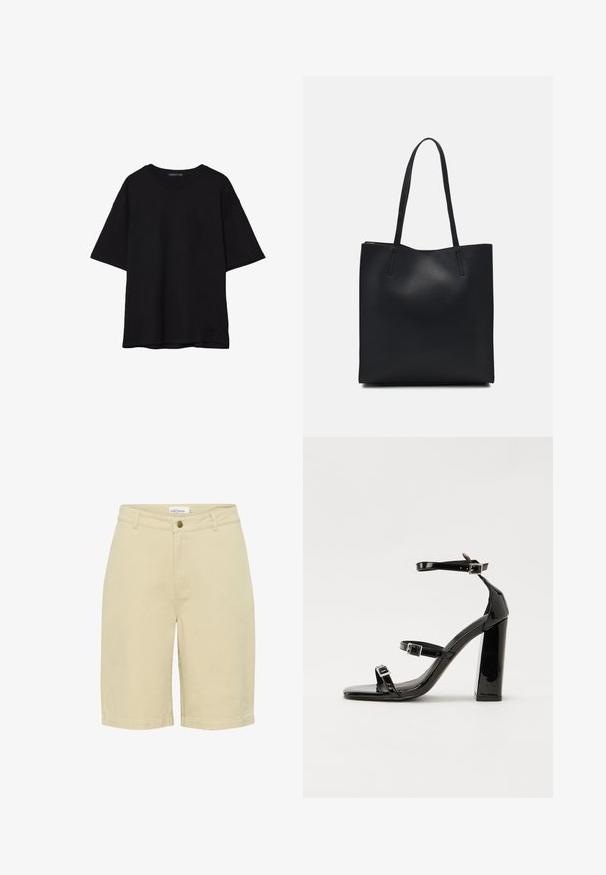 Črna bombažna majica s sproščenim krojem, kratkimi rokavi, zaobljenim izrezom in gladko teksturo. Brez vidnih vzorcev ali dodatkov.; Kratke hlače do kolen iz lahkega bež bombaža. Imajo sprednje zapenjanje na gumb, pas za pas in stranske žepke z gladko teksturo.; Črne lakirane sandale s peto, kvadratnim prstom, trakovi okrog gležnja in srebrnimi zaponkami. Opremljene so s stabilno Debelo peto.; Črna usnjena torba s svilnato teksturo, pravokotne oblike in dvema dolgima ročajema. Brez vidnih metalnih delov ali okrasnih elementov.