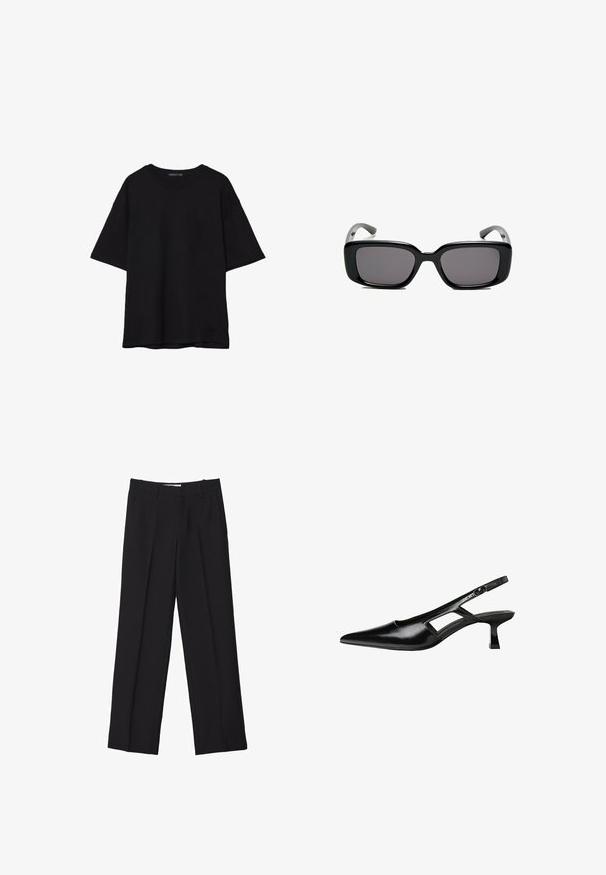 Musta puuvillainen t-paita, jossa on rento leikkaus, lyhyet hihat, pyöreä pääntie ja sileä rakenne. Ei näkyviä kuvioita tai yksityiskohtia.; Mustat räätälöidyt housut suoranlahkeisella muotoilulla, joissa on tuplurypyt, sileä rakenne ja hienovaraiset etusauman yksityiskohdat.; Mustat lakatut nahkakengät, joissa on viistopää, leikattu sivusuunnassa ja pieni neliökoroke. Sujuva pinta, jossa on minimaalinen koristelu.; Mustat suorakulmaiset aurinkolasit tummilla linsseillä, sileä muovikehys ja kaarevat templet. Suunnittelu on jykevä ja minimalistinen.