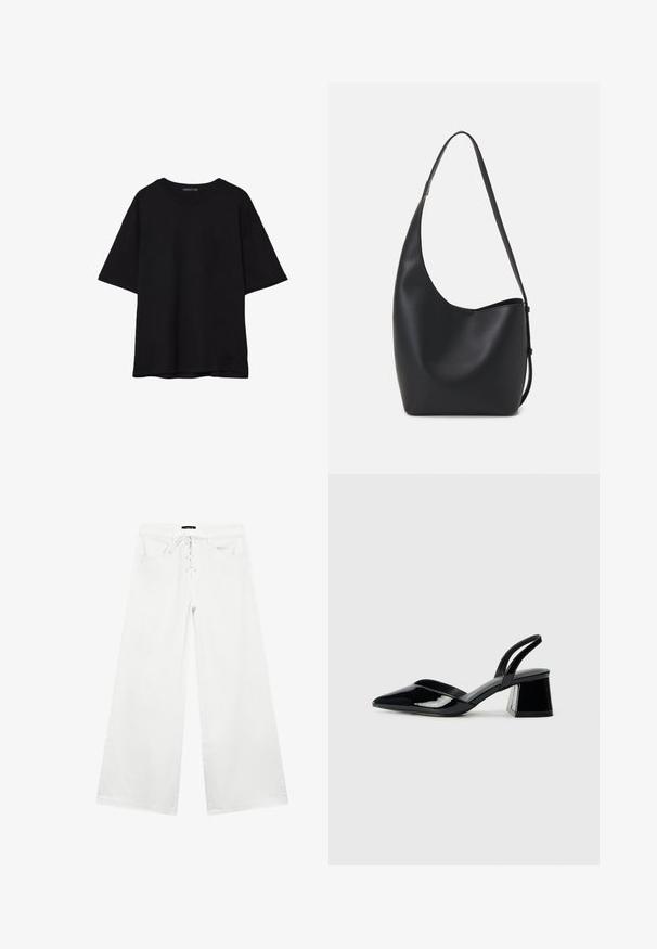 T-shirt in cotone nero con vestibilità rilassata, maniche corte, scollatura arrotondata e una texture liscia. Nessuna trama o accento visibile.; Pantaloni bianchi a gamba larga in denim, con una chiusura con lacci, due tasche frontali e una vita piatta. Tessuto liscio e design casual.; Décolleté in vernice nera con punta affusolata e tacco in geometria cubica. Presentano un design elegante e minimalista, con una texture liscia.; Borsa hobo nera in pelle con una superficie liscia, forma curvata e una singola tracolla regolabile; presenta un'ampia apertura nella parte superiore.