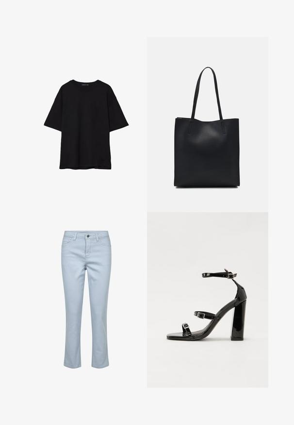 Crna pamučna majica s opuštenim krojem, kratkim rukavima, okruglim izrezom i glatkom teksturom. Nema vidljivih uzoraka ili detalja.; Svijetloplave traper hlače s klasičnim dizajnom s pet džepova, ravnim krojem nogavica i zatvaračem na munje s dugmetom.; Crne lakirane sandale na pete sa kvadratnim nosom, trakama oko gležnja i srebrnim kopčama. Imaju čvrst blok petu za stabilnost.; Crna kožna torba za nošenje s glatkom teksturom, pravokutnim oblikom i dvije duge ručke. Nema vidljivih metalnih dijelova ili ukrasa.