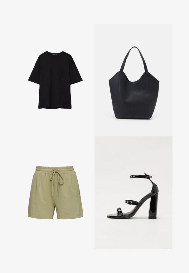 T-shirt in cotone nero con vestibilità rilassata, maniche corte, scollatura arrotondata e una texture liscia. Nessuna trama o accento visibile.; Shorts in misto lino di colore verde tenue, con vita elastica e cordino, due tasche laterali e una vestibilità rilassata.; Sandali con tacco in vernice nera, con punta squadrata, cinturini alla caviglia e fibbie in argento. Presentano un tacco a blocco spesso per maggiore stabilità.; Borsa tote nera realizzata in pelle liscia, con una parte superiore curva e aperta, dotata di due manici per spalla e un design minimalista.