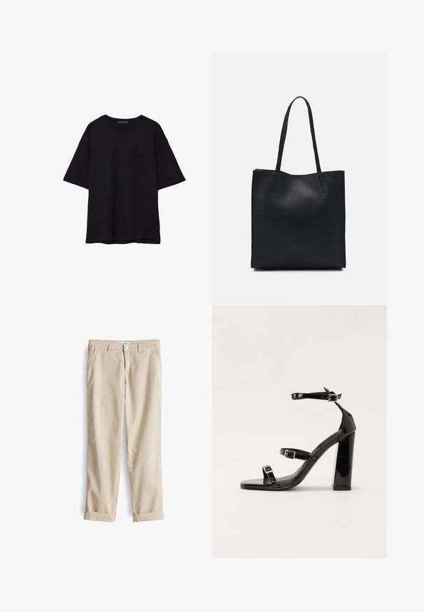 T-shirt noir en coton avec une coupe décontractée, des manches courtes, un col arrondi et une texture lisse. Pas de motifs ni d'accents visibles.; Pantalons chinos en coton beige avec une coupe classique, dotés de poches avant et de revers retroussés. Texture lisse et subtils détails de coutures.; Sandales à talons vernies noires avec un bout carré, des sangles autour de la cheville et des boucles en argent. Dotées d'un talon bloc épais pour plus de stabilité.; Sac fourre-tout en cuir noir avec une texture lisse, de forme rectangulaire et deux longues poignées. Pas de matériel ou d'ornementations visibles.