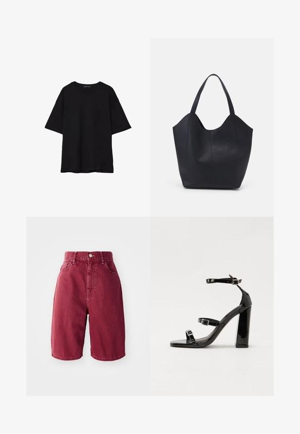 Musta puuvillainen t-paita, jossa on rento leikkaus, lyhyet hihat, pyöreä pääntie ja sileä rakenne. Ei näkyviä kuvioita tai yksityiskohtia.; Burgundy denimpullot korkealla vyötäröllä. Ominaisuuksiin kuuluu kaksi etutaskua, yksi napitus ja suora lahkeensuine.; Musta kiiltävä korkokenkä sandaalit neliönmuotoisella varpaalla, nilkkaremmillä ja hopeisilla soljilla. Varustettu tukevalla lohkokorkealla vakauden takaamiseksi.; Mustat kangaskassit, jotka on valmistettu sileästä nahasta, jossa on kaareva, avoin yläosa, kaksi olkahihnaa ja minimalistinen muotoilu.