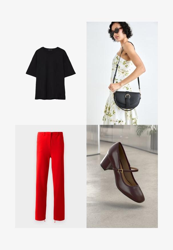 Sort bomulds T-shirt med en afslappet pasform, korte ærmer, rund halsudskæring og en glat tekstur. Ingen synlige mønstre eller accenter.; Røde bukser lavet af glat, strækbart stof. Har en flad front med en skjult lynlås, lige ben og justerbare stropper ved kanten.; Bordeaux læder Mary Jane sko med firkantet tå og blokhæl, der har et guld spænde, svævende over et lys gråt gulv.; Sort læderhåndtaske med en buet form, aftagelig rem og guldfinish. Tasken har en klap med en spænde detalje.