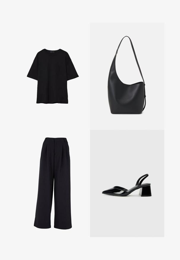 Czarna bawełniana koszulka z luźnym krojem, krótkimi rękawami, okrągłym dekoltem i gładką fakturą. Bez widocznych wzorów ani akcentów.; Szerokie spodnie z czarnego materiału, z przodu zaprasowane, z zapięciem na guzik i gładką fakturą. Dopasowany krój z wysokim stanem.; Czarne lakierowane półbuty na obcasie z wydłużonym noskiem i geometrycznym słupkiem. Charakteryzują się eleganckim, minimalistycznym designem oraz gładką fakturą.; Czarna skórzana torba hobo o gładkiej fakturze, zaokrąglonym kształcie i pojedynczym, regulowanym pasku; posiada szerokie otwarcie na górze.