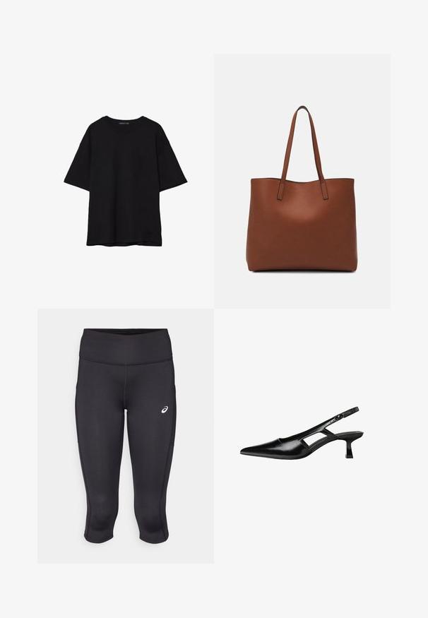 Schwarzes Baumwoll-T-Shirt mit lässiger Passform, kurzen Ärmeln, runder Ausschnitt und glatter Textur. Keine sichtbaren Muster oder Akzente.; Schwarze Sport-Capri-Leggings mit glatter Textur, elastischem Stoff, hohem Bund und einem kleinen weißen Logo auf der linken Seite.; Schwarze Lackleder-Slingback-High Heels mit spitzer Zehenform, ausgeschnittenem Seitendesign und kleinem Blockabsatz. Glatte Textur mit minimalen Akzenten.; Braune Leder-Tote mit glatter Textur, offenem Oberteil und zwei Schulterriemen. Verfügt über minimale Nähte und keine sichtbaren Beschläge.