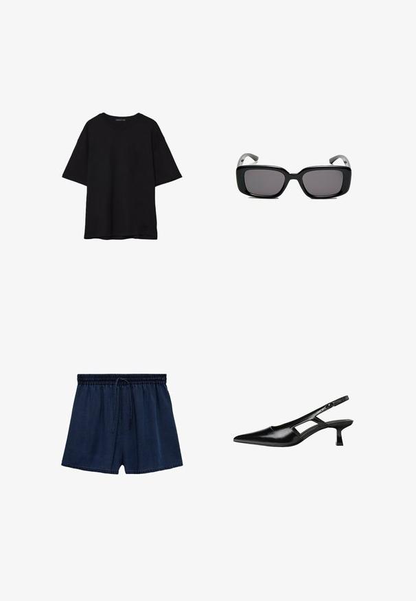 Čierne bavlnené tričko s voľným strihom, krátkymi rukávmi, zaobleným výstrihom a hladkou textúrou. Bez viditeľných vzorov alebo akcentov.; Námornícke modré šortky vyrobené z ľahkej tkaniny, s elastickým pásom a šnúrkou na stiahnutie, a voľným strihom. Lem je mierne rozstrapkaný.; Čierne lakované kožené lodičky na podpätku s špicatou špičkou, výrezovým dizajnom na boku a malým štvorcovým podpätkom. Hladký povrch s minimálnymi akcentmi.; Čierne obdĺžnikové slnečné okuliare s tmavými sklami, hladkým plastovým rámom a zakrivenými stranami. Dizajn je robustný s minimalistickou estetikou.