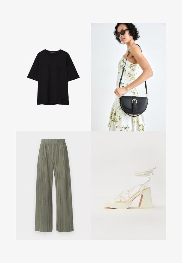 Zwarte katoenen T-shirt met een relaxed fit, korte mouwen, ronde hals en een gladde textuur. Geen zichtbare patronen of accenten.; Groene plooibroek met brede pijpen en een elastische tailleband, voorzien van verticale plooien en een zachte textuur. De stof heeft een gladde, vloeiende uitstraling.; Witte hoge hakken sandaal met een chunky hak, met een bandjesontwerp en enkelband. Gladde textuur met een plateau voor extra hoogte.; Zwarte leren handtas met een gebogen vorm, afneembare schouderband en gouden hardware. De tas heeft een klep met een gespsluiting.