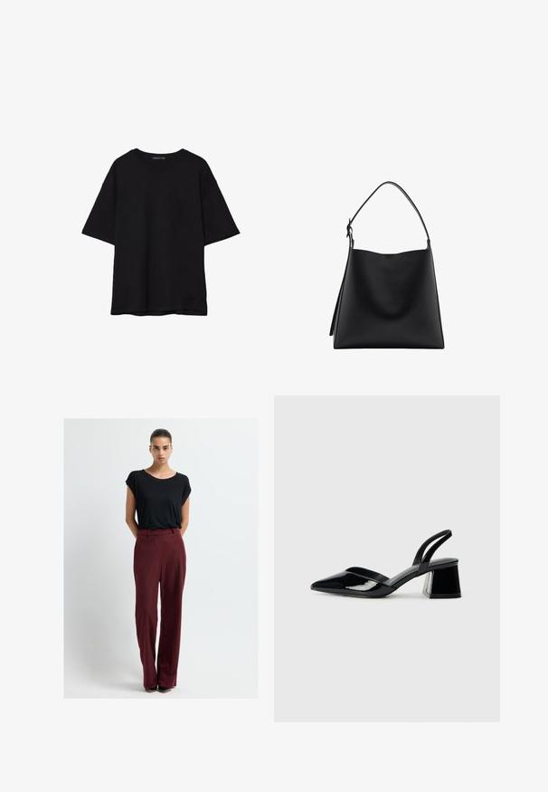 Czarna bawełniana koszulka z luźnym krojem, krótkimi rękawami, okrągłym dekoltem i gładką fakturą. Bez widocznych wzorów ani akcentów.; Czarna koszulka z krótkim rękawem w połączeniu z wysokim stanem, dopasowanymi spodniami w kolorze burgundowym. Materiał wydaje się gładki, z luźnym krojem i czystymi liniami.; Czarne lakierowane półbuty na obcasie z wydłużonym noskiem i geometrycznym słupkiem. Charakteryzują się eleganckim, minimalistycznym designem oraz gładką fakturą.; Czarna skórzana torebka o gładkiej fakturze, minimalistycznym designie i pojedynczym, zakrzywionym pasku na ramię. Otwarte wierzchołek, brak widocznych elementów metalowych.
