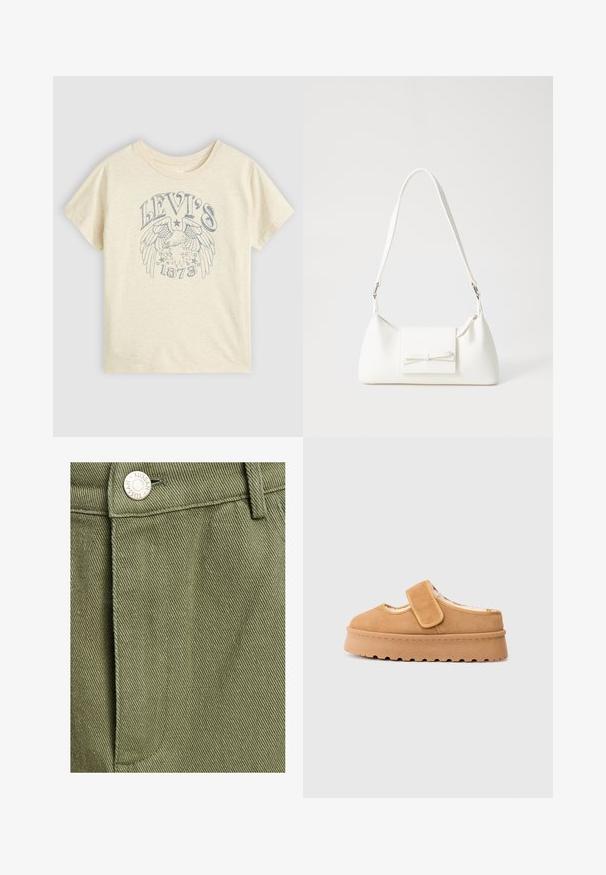 Šviesiai beige medvilninė marškinėliai su grafiniu dizainu mėlyna spalva, vaizduojančiu sparnus, žvaigždes ir užrašą "LEVI'S 1873" priekyje. Trumpomis rankovėmis, apvalia iškirpte.; TUSSAH SAWYER - Trapecinis sijonas - sage green; Rudos zomšo šlepetės su Velcro juostele, apvaliu pirštu ir storu platformos padu, turinčiu tekstūruotą guminį protektorių.; Balta sintetinė rankinė trikampio formos, plokščiu priekiu su užsegimu, kaspino detale, reguliuojama dirželiu, lygia tekstūra ir minimalistišku dizainu.