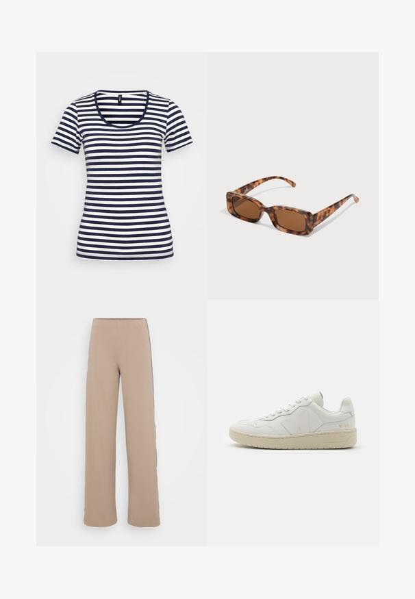Polo majica prugasta u mornarskom plavoj i bijeloj boji, s izrezom u obliku čamca, kratkim rukavima i prilagođenim krojem. Izrađena od mekog, laganog materijala.; Bež hlače širokih nogavica s glatkom teksturom i crnim bočnim trakama. Imaju visok struk za usku siluetu.; Bijele kožne tenisice s perforiranim prednjim dijelom, kontrastnom bež gumenom potplatu i logotipom na strani i peti. Minimalistički dizajn.; Naočale u obliku tortoiseshella s pravokutnim smeškim lećama, debelim okvirom i tankim nogicama koje imaju uzorak od različitih nijansi smeđe boje.
