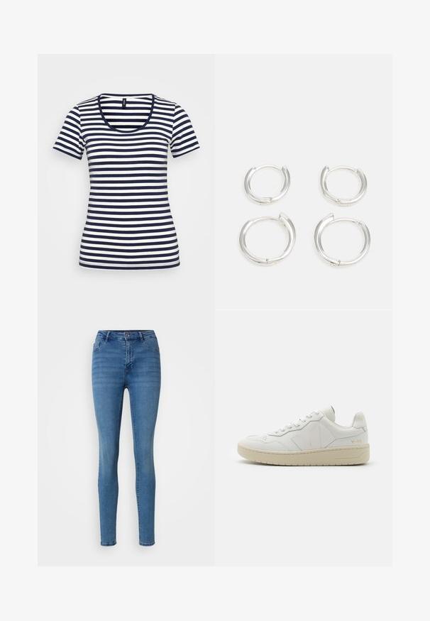 Camiseta de rayas azul marino y blanca con escote amplio, mangas cortas y diseño ajustado. Fabricada con tejido suave y ligero.; Jeans ajustados de color azul fabricados con denim, que presentan un diseño clásico de cinco bolsillos, cierre de botón y un ligero desgaste para variar la textura.; Zapatillas de cuero blancas con puntera perforada, suela de goma beige en contraste y acentos de logo en el lateral y el talón. Diseño minimalista.; Pendientes aros de plata, con un acabado liso y pulido. Dos pares de tamaño ligeramente diferente. Diseño sencillo y circular, ligeros.