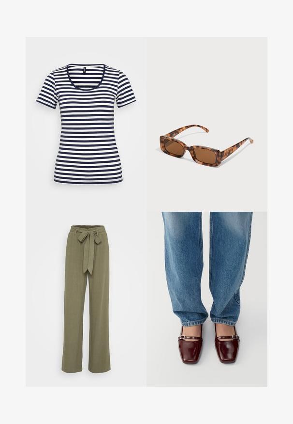 Koszulka w paski w kolorze granatowym i białym z okrągłym dekoltem, krótkimi rękawami i dopasowanym krojem. Wykonana z miękkiej, lekkiej tkaniny.; Oliwkowe spodnie o szerokich nogawkach z paskiem w talii, wykonane z teksturowanej tkaniny, charakteryzujące się gładkim wykończeniem i dopasowanym krojem.; Burgundowe lakierowane buty ze kwadratowym noskiem i paskiem na kostce, w zestawieniu z jasnoniebieskimi dżinsami o luźnym kroju. Buty mają błyszczące wykończenie.; Okulary przeciwsłoneczne w kolorze tortoishell z prostokątnymi brązowymi soczewkami, grubą oprawką i cienkimi zausznikami z wzorem w różnych odcieniach brązu.; Srebrne kolczyki w kształcie kół, o gładkim, polerowanym wykończeniu. Dwie pary w nieco różnym rozmiarze. Prosty, okrągły design, lekkie.