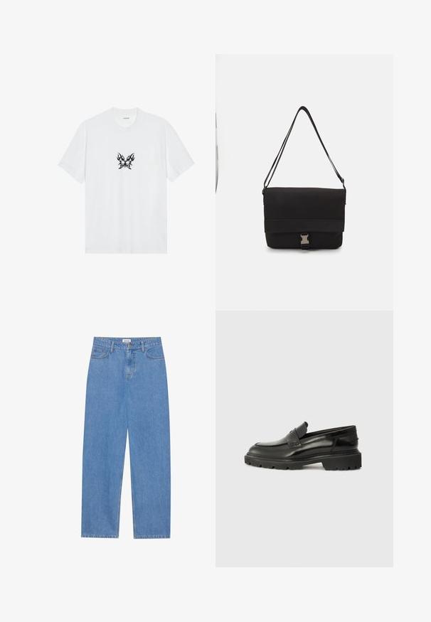 Biała bawełniana koszulka z krótkimi rękawami i okrągłym dekoltem. Zawiera centralny czarny graficzny wzór motyla w kształcie płomienia. Gładka faktura.; Jasnoniebieskie dżinsy w prostym kroju, z pięcioma kieszeniami, jednobutonowym zapięciem i subtelnymi detalami haftu na szwach.; Czarne skórzane buty wsuwane z okrągłym noskiem, grubą teksturowaną podeszwą i subtelnym detalem w postaci przeszyć. Zawierają małe logo z tyłu.; Czarna torba na ramię wykonana z gładkiego materiału, z klapą na złożeniu, srebrnymi zapięciami i regulowanym paskiem na ramię.