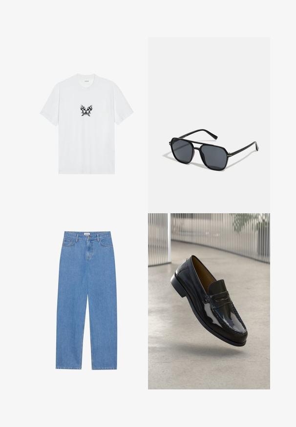Hvid bomulds t-shirt med korte ærmer og rund hals. Har et centralt sort flamme-mønsteret sommerfugle grafik. Glat tekstur.; Lysblå denim jeans med lige pasform, femlommemodel, enkelt knaplukning og diskrete syninger på sømmene.; Sorte patentlæder loafer med en syet detalje, rund tå, lav hæl og glat overflade, præsenteret mod en neutral baggrund.; Sorte solbriller med oktagonal stel, mørke linser, blank overflade, fine stænger og guldaccenter på forsiden.
