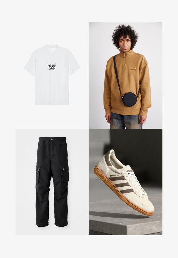 Hvit bomulls t-skjorte med kort erme og rund hals. Har et sentralt svart flamme-mønster av sommerfuglgrafikk. Glatt tekstur.; Svart cargo-bukser med elastisk midje, flere sidelommer og et glatt, holdbart stoff. Har sølvfarget tilbehør.; Hvite semskede sneakers med brune lærdetaljer, tre brune striper og hvite snørebånd. Har en teksturert gummisåle og gull "SPEZIAL" logo.; Brun kvart-zip fleece genser med brodert logo, med en svart rund crossbody bag med glidelås og logodetalj, båret over denim.