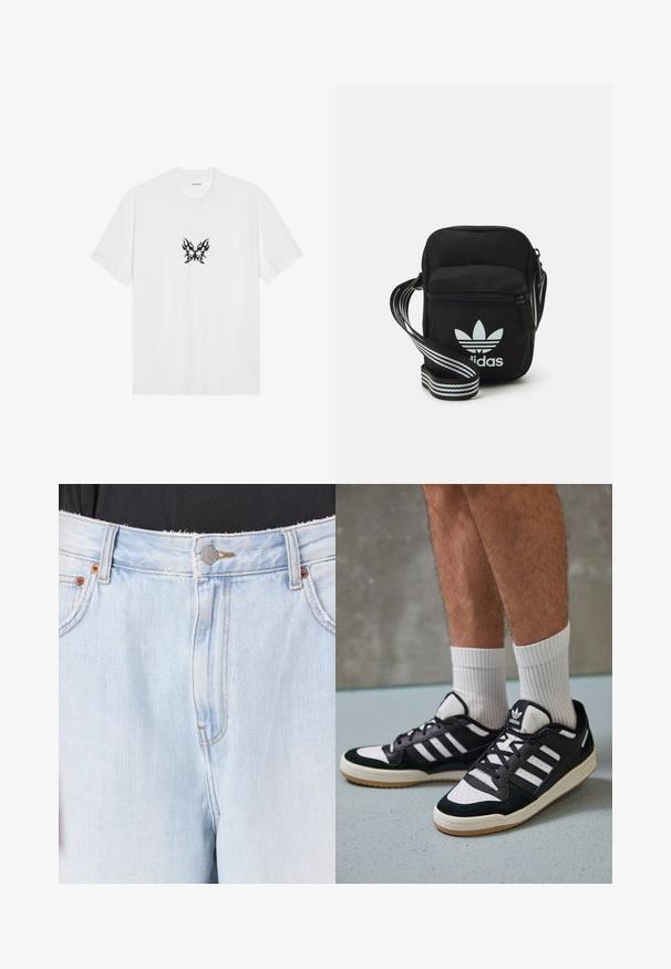 Hvit bomulls t-skjorte med kort erme og rund hals. Har et sentralt svart flamme-mønster av sommerfuglgrafikk. Glatt tekstur.; Lys blå denim jeans med en frynset kant, sølvfarget knappelukking og kobberfargede nagler. Har synlige sømmer og forkantlommer.; Sorte og hvite sneakers med overdel i semsket skinn og lær, med tre hvite striper, perforert tå og en såle av gummi.; Svart stoff crossbody veske med glidelås, med en hvit Adidas-logo og enstripet justerbar stropp for enkel bæring.