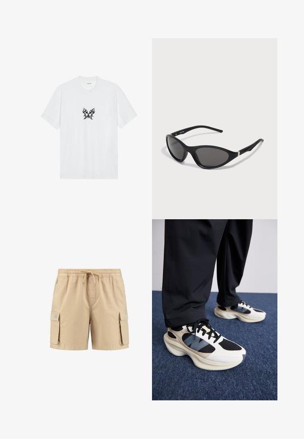 Bílý bavlněný tričko s krátkými rukávy a kulatým výstřihem. Obsahuje centrální černou grafiku motýla se vzorem plamenů. Hladká textura.; Bežové cargo šortky s elastickým pasem, stahovací šňůrkou a dvěma bočními kapsami, s hladkou texturou a minimálními švy.; Bílé a černé tenisky s texturovanými detaily a modrým akcentem, mají masivní podrážku a černé tkaničky, v kombinaci s černými kalhotami.; Černé sluneční brýle ve stylu cat-eye s hladkými, matnými obroučkami, tmavými čočkami a stříbrnými detaily na spáncích. Moderní design s ostrým tvarem.; Černá nylonová taška přes rameno s nastavitelným popruhem, s utažením na šňůrku a embosovaným logem. Nositá přes šedé tričko.
