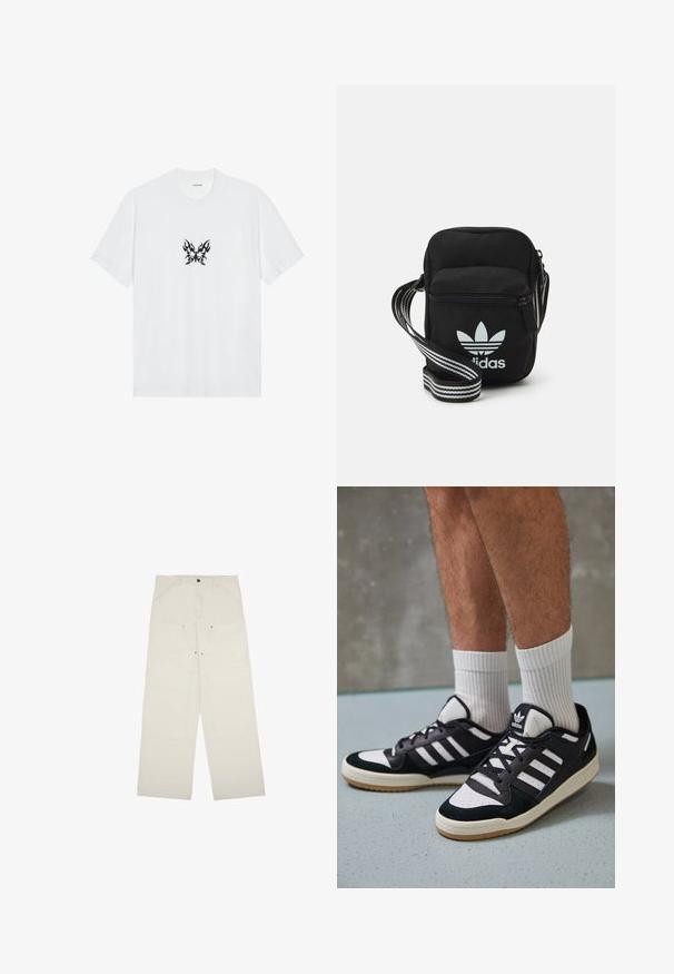 T-shirt en coton blanc à manches courtes et col rond. Présente un graphique central de papillon avec un motif de flammes noires. Texture lisse.; Pantalons larges beige clair en coton, dotés de poches avant, d'une fermeture à un bouton et de détails de couture visibles.; Baskets noir et blanc avec une tige en suède et cuir, comportant trois rayures blanches, un bout perforé et une semelle en caoutchouc gum.; Sac bandoulière noir en tissu avec fermeture éclair, arborant un logo Adidas blanc et une sangle réglable rayée pour un port facile.