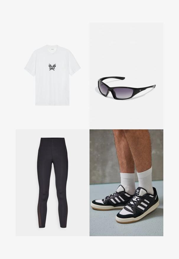 Balta medvilninė marškinėliai su trumpomis rankovėmis ir apvalia iškirpte. Pavaizduota centrinė juoda ugnies raštuota drugelio grafika. Lygus paviršius.; Juodos kojinės iš tamprių medžiagų, turinčios aukštą juosmenį ir tinklelio intarpus iš šonų, užtikrinančius kvėpavimą ir dizaino elementą.; Juodos ir baltos sportinės bateliai su zomšiniu ir odiniu viršumi, su trimis baltomis juostelėmis, perforuota koja ir guminėmis padais.; Juodai akiniai nuo saulės su elegantišku, kampiniu dizainu. Yra gradientiniai tamsiai pilki objektyvai ir iškilmingas logotipas ant šventyklos. Pagaminti iš plastiko medžiagos.