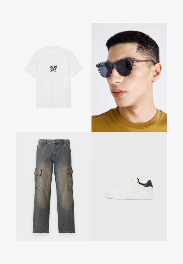 T-shirt bianco in cotone con maniche corte e collo tondo. Presenta una grafica centrale di una farfalla con motivo a fiamme nere. Texture liscia.; Pantaloni cargo in denim di colore blu sbiadito, vestibilità ampia, due grandi tasche laterali, cuciture a punto e un design della vita classico.; Sneaker in pelle bianca con motivo stampato, suola intermedia bianca testurizzata e accentuazione nera sul tallone. Presenta punta arrotondata e lacci piatti.; Occhiali da sole tondi con tonalità grigia, dotati di una montatura trasparente, lenti scure e aste sottili e eleganti. Indossati da una persona con capelli corti e ricci.