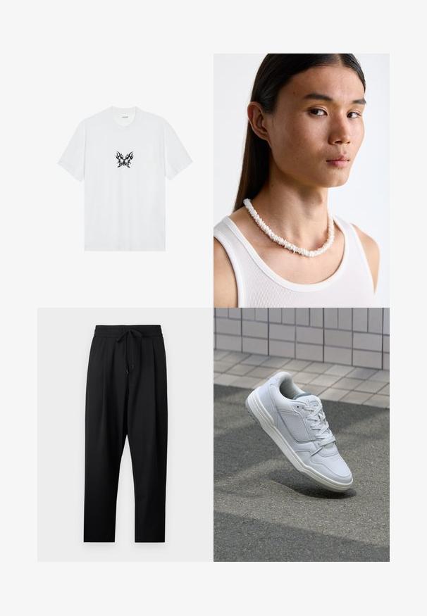 Hvit bomulls t-skjorte med kort erme og rund hals. Har et sentralt svart flamme-mønster av sommerfuglgrafikk. Glatt tekstur.; Sorte, lette bukser med avslappet passform. Har elastisk midjebånd med justerbar snor og sidelommer. Glatt tekstur.; Hvite lær sneakers med perforerte sider, teksturerte detaljer, flate lisser og en kontrasterende grå hæl. Har en lite hevet såle.; Hvit skjellkjede bestående av uregelmessige former, båret over en tettsittende hvit tanktop. Glatt tekstur med subtil glans, tettsittende design.