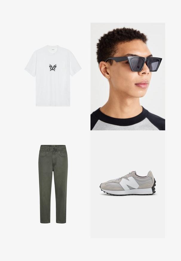 Fehér pamut póló rövid ujjakkal és kerek nyakkivágással. Középen fekete lángmintás lepke grafika található. Sima textúra.; Zöld pamut chino nadrág egyenes siluettel, övfeszítőkkel, elülső zsebekkel és gombos zárással. Simává szőtt felület minimális varrással.; Szürke tornacipő hálós és velúr anyagból, fehér oldalsó logóval, szürke fűzőkkel és fekete gumitalppal.; Fekete, szögletes napszemüveg sötét lencsékkel, merész geometrikus dizájnnal és matt felülettel. Egy rövid hajú személy viseli.