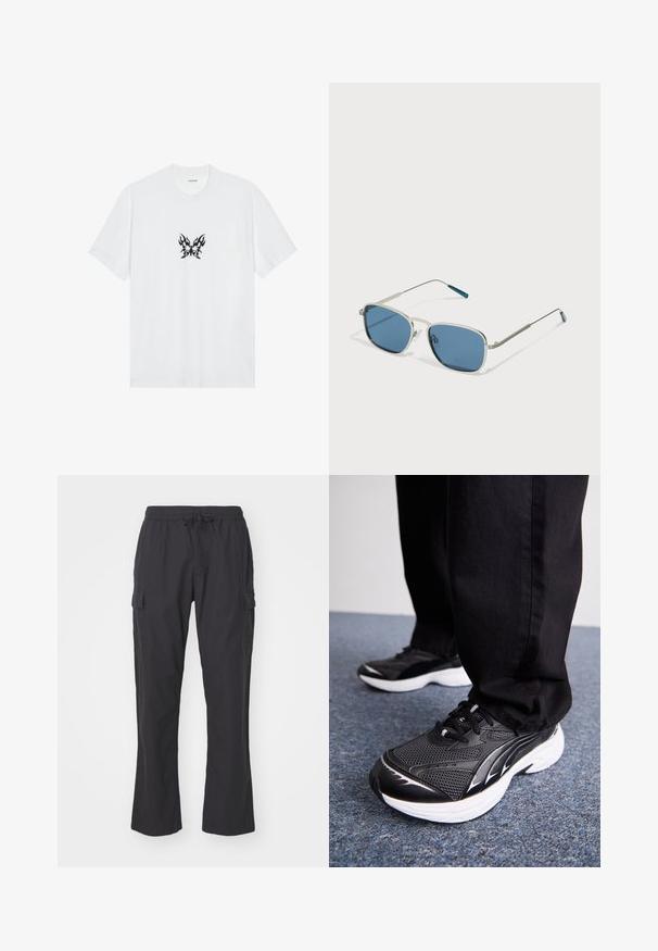 Valkoinen puuvillapaita lyhyillä hihoilla ja pyöreällä kauluksella. Keskellä musta liekkikuvioinen perhosgrafiikka. Sileä pinta.; Mustat cargo-housut joustavalla vyötäröhihnalla ja naruilla, joissa on sivutaskut ja rento istuvuus. Valmistettu kevyestä kankaasta.; Musta urheilukengät, joissa on verkkokangas, valkoinen pohja ja mustia yksityiskohtia. Pohjassa on rakenne. Käytetään mustien housujen kanssa sinisellä matolla.; Aurinkolasit, joissa on hopeametallinen kehys, suorakulmaiset siniset linssit ja ohuet varret. Kehyksissä on sinisiä yksityiskohtia temppeleiden kärjissä.