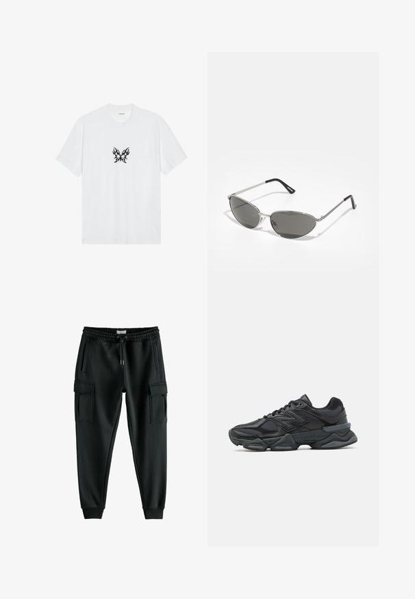Balta medvilninė marškinėliai su trumpomis rankovėmis ir apvalia iškirpte. Pavaizduota centrinė juoda ugnies raštuota drugelio grafika. Lygus paviršius.; Juodos sportinės kelnės, pagamintos iš minkštos medžiagos, turinčios elastingą juosmenį su raišteliu, dvi šonines kišenes ir dvi kišenes kargo stiliaus.; Juodas bėgimo batelis, pagamintas iš tinklinės ir sintetinės medžiagos, turintis stambų pado dizainą, kreivą formą ir ryškią prekės ženklą šone.; Akiniai nuo saulės su elegantišku sidabro metaliniu rėmu, pilkai tonuotais objektyvais ir aerodinaminiu dizainu, turinčiu smailius kampus ir plonus šonus.