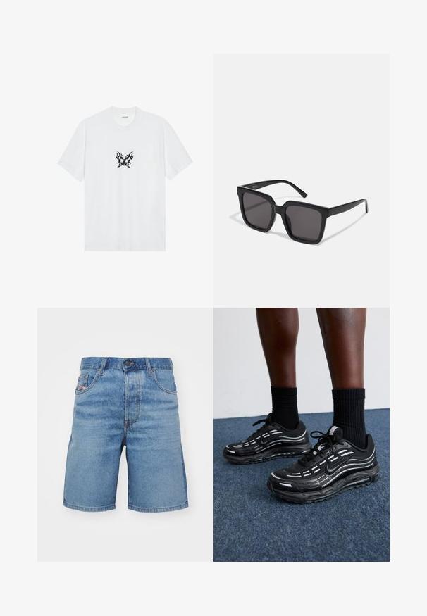 Bela bombažna majica s kratkimi rokavi in krožnim izrezom. Ima osrednji črni grafični motiv metulja z vzorcem plamenov. Gladka tekstura.; Svetloblue denim kratke hlače s klasičnim krojem, rahlo zbledelimi, dizajn s petimi žepi in bakrenimi šivi. Imajo sprednji gumbasti zap Closure.; Črne Nike čevlje imajo mrežasto zgornji del z naglasnimi črtami, teksturirane vezalke in črn gumijast podplat. Nosijo se s črnimi rebrastimi nogavicami.; Črne sončna očala s kvadratnim okvirjem, temnimi lečami in gladkim, sijajnim plastičnim materialom. Ročaji imajo preprost, podolgovat dizajn.