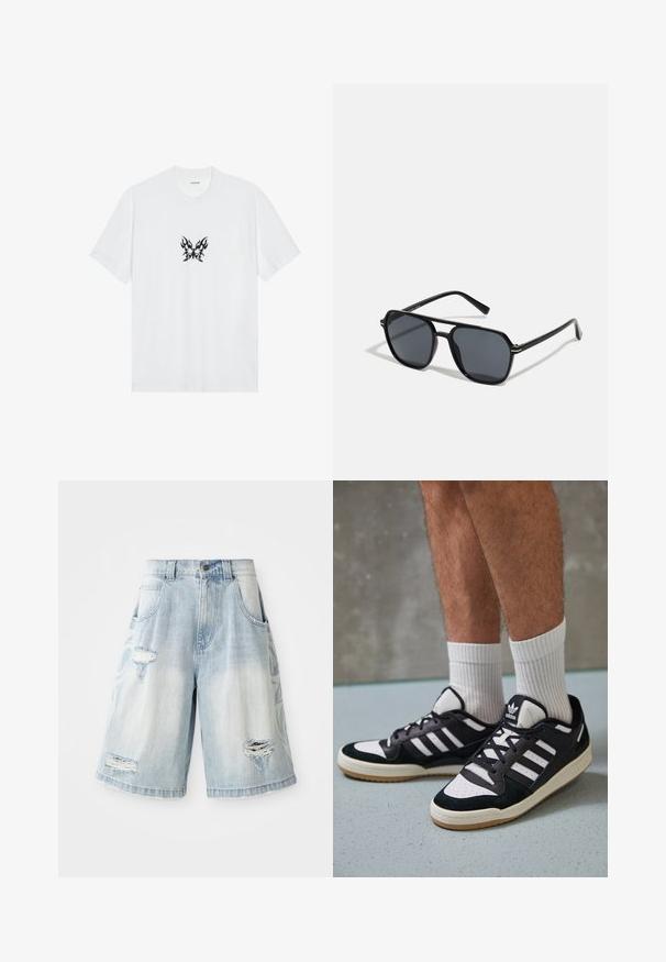 Camiseta de algodón blanca con mangas cortas y cuello redondo. Presenta un gráfico central de mariposa con un patrón de llamas negras. Textura suave.; Shorts de denim en azul claro, con detalles desgastados y desgarrones. Ajuste suelto con una cinturilla estándar y bolsillos frontales.; Zapatillas en blanco y negro con parte superior de ante y cuero, que presentan tres franjas blancas, una puntera perforada y una suela de goma.; Gafas de sol negras con montura octogonal, lentes oscuros, acabado brillante, varillas delgadas y acentos dorados en la parte frontal.