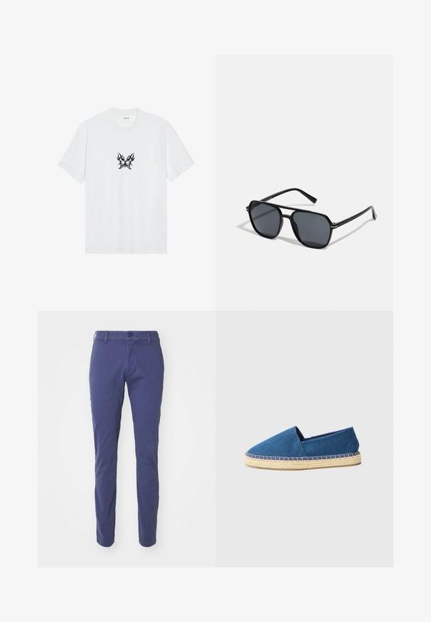 Vit bomulls-t-shirt med kort ärm och rund hals. Har en central svart flamma-mönstrad fjärilsgrafik. Slät textur.; Navyblå byxor med smal passform, med knappknäppning, bälteöglor och en mjuk bomullstextur.; Blå canvas espadrillo med stängd tå, jute-sula och sydda kantdetaljer. Slät tygtextur och låg profil design.; Svarta solglasögon med oktagonal ram, mörka linser, glansig yta, smala stänger och gyllene detaljer på framsidan.