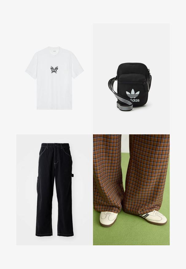 Bela bombažna majica s kratkimi rokavi in krožnim izrezom. Ima osrednji črni grafični motiv metulja z vzorcem plamenov. Gladka tekstura.; Črne cargo hlače z ohlapnim krojem, opremljene z vrvico v pasu, stranskimi žepi in kontrastnimi belimi šivi.; Rjave in modre kariraste hlače širokih nogavic, v kombinaciji z belimi čevlji, ki imajo črne poudarke in teksturirane podplate, na zeleni podlagi.; Črna tkaninska torbica čez ramo z zadrgo, ki vsebuje belo Adidasovo logo in pridelano naramnico z več črtami za enostavno nošenje.