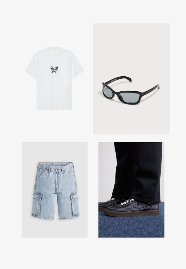 Camiseta de algodón blanca con mangas cortas y cuello redondo. Presenta un gráfico central de mariposa con un patrón de llamas negras. Textura suave.; Bermudas de cargador de mezclilla azul claro con un corte relajado, que presentan dos bolsillos laterales y detalles cosidos a lo largo de las costuras.; Nike Sportswear KILLSHOT 2 LTR PRM OPP2 - Zapatillas - black sail baroque brown mtlc dk grey; Gafas de sol negras con un diseño angular y elegante. Presentan lentes grises y montura de plástico brillante. Incluyen pequeños acentos metálicos y una marca en la patilla.