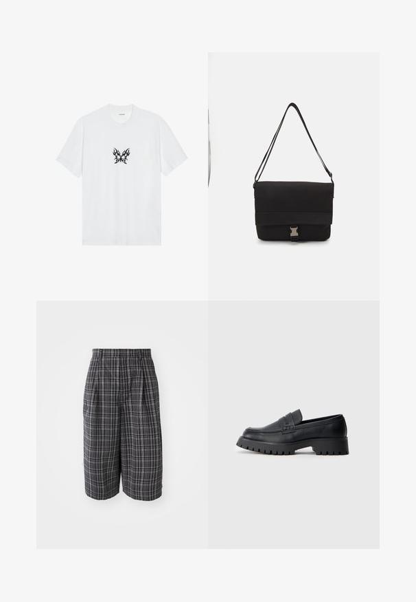 Balta kokvilnas t-kreklis ar īsām piedurknēm un apaļu izgriezumu. Centrā ir melna uguns raksta tauriņa grafika. Gluda tekstūra.; Pelēkā šaha raksta bikses ar brīvu piegriezumu, kurām ir krokas, sānu kabatas un viegla auduma tekstūra, kas paredzēta komfortam un gaisa caurlaidībai.; Melni ādas loaferi ar noapaļu pirkstu, ar dekoratīvu siksnu un masīvu gumijas zoli ar dziļiem protektoriem labākai saķerei.; Melna sūtītāja soma, izgatavota no gludas materiāla, ar nolocamu vāku, sudraba sprādzi un regulējamu plecu siksnu.