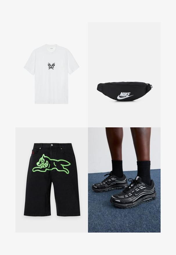 Valkoinen puuvillapaita lyhyillä hihoilla ja pyöreällä kauluksella. Keskellä musta liekkikuvioinen perhosgrafiikka. Sileä pinta.; Icecream RUNNING DOG - Farkkushortsit - black denim; Mustat Nike-kengät, joissa on verkkomateriaali ja korostetut raidat, teksturoitu nauhoitus ja musta kumipohja. Yhdistetty mustiin ribbikurottimiin.; Musta nailoninen vyölaukku, jossa on vetoketjullinen suljin ja suuri valkoinen Nike-logo. Liukas pinta ja ergonominen muotoilu mukautuu mukavaan käyttöön.