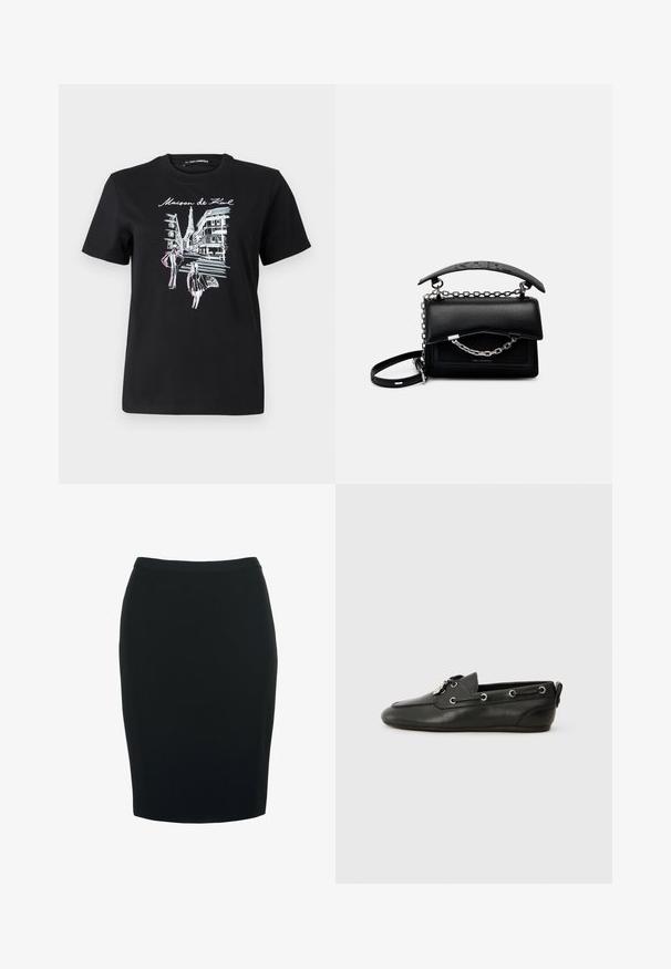 Schwarzes Baumwoll-T-Shirt mit einem grafischen Design von Pariser Straßen mit einem Turm, akzentuiert durch rosa und weiße Linienkunst. Rundhalsausschnitt.; Schwarzer Bleistiftrock mit taillierter Silhouette, aus einem glatten, dehnbaren Stoff gefertigt. Besitzt einen mittelhohen Bund und ein knielanges Design.; Schwarze Lederbootsschuhe mit runder Zehenpartie, Schnürung vorne, metallischen Ösen und flacher Sohle. Verfügt über eine kleine Lasche hinten.; Schwarze Lederhandtasche mit strukturiertem Design, Ketten- und Henkelakzenten sowie einer strukturierten Oberfläche. Verfügt über einen Klappverschluss mit sichtbarem Branding.