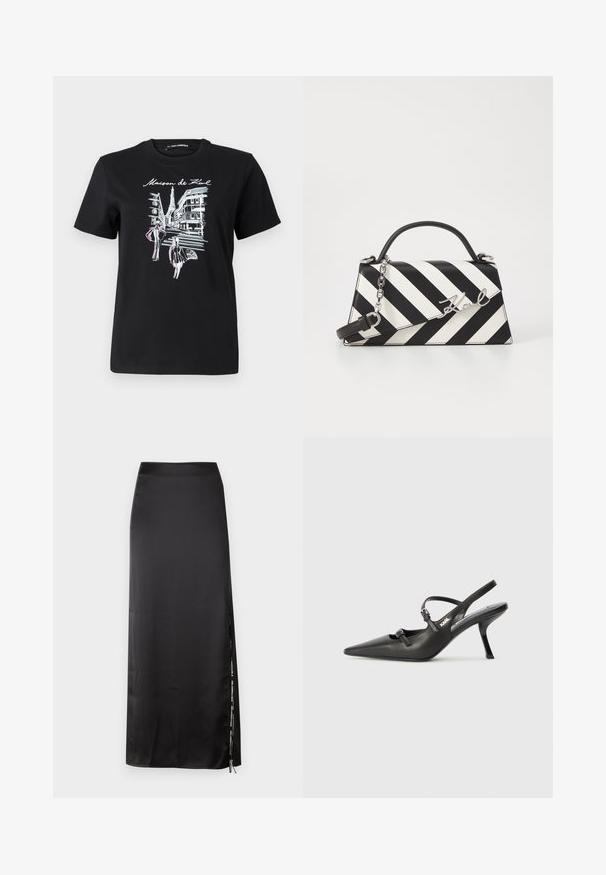 Melnas kokvilnas T-kreklu ar grafisko dizainu, kas attēlo Parīzes ielas ar torni, izceltas ar rozā un baltām līniju mākslas detaļām. Apakšējā apgriezumā.; Melnas satīna maxi svārki ar augsto jostasvietu, sānu izgriezumu un kontrastējošu teksta detalizāciju gar venti. Gluda tekstūra, pieguļošs dizains.; Melnas ādas slingback papēži ar norādītu purngalu, izsmalcinātu papēdi un dekoratīvu sprādzi uz priekšpuses. Gluda tekstūra un elegants dizains.; Melnām un baltām svītrām rotāta rokassoma ar strukturētu formu, ar augšējo rokturi, noņemamu ķēdes siksnu un metāla logotipa akcentu.