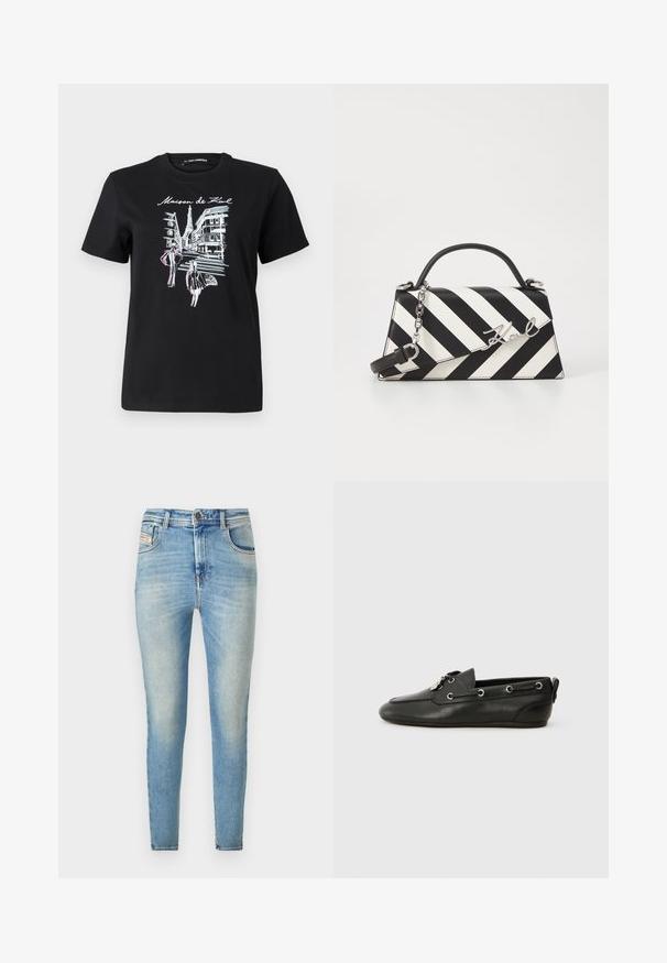 Crna pamučna majica s grafičkim dizajnom pariških ulica s tornjem, ukrašena ružičastim i bijelim linijama. Okrugli izrez.; Svijetloplavi traper skinny traperice, visokog struka, s klasičnim dizajnom s pet džepova, efektima habanja i metalnim kopčanjem.; Crne kožne brodske cipele s zaobljenim vrhom, vezanjem sprijeda, metalnim očicama i ravnim potplatima. Imaju mali ekscentar straga.; Crno-bijela prugasta torba s čvrstim oblikom, koja ima ručku na vrhu, odvojivu lančanu naramenicu i metalni logo akcent.