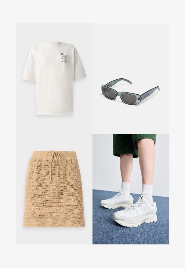 Camiseta de algodón color crema con mangas cortas, que presenta un gráfico de una ola y un sol, y el texto "BILLABONG" en el frente.; Falda de punto beige con un diseño de trama abierta y texturizada. Cuenta con una cintura con cordón ajustable. El dobladillo es recto.; Zapatillas deportivas blancas con superposiciones texturizadas, una suela gruesa y acentos grises. Llevadas con calcetines blancos hasta la pantorrilla y pantalones cortos verdes sobre una superficie azul.; Santa Cruz INFERNO UNISEX - Gafas de sol - crystal black