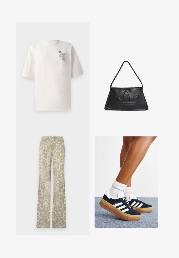 Kremowa bawełniana koszulka z krótkim rękawem, z grafiką fali i słońca oraz napisem "BILLABONG" z przodu.; Spodnie dzwony w jasnozielonym materiale z białym wzorem kwiatowym. Posiadają elastyczny pas i teksturowaną powierzchnię.; Czarne zamszowe trampki z białymi paskami i akcentami, zaokrąglonym noskiem, gumową podeszwą w kolorze jasno-brązowym, zestawione z białymi żebrowanymi skarpetkami do kostki.; Czarna skórzana torebka w kształcie trapezu, z wystającym logo Adidas i cienkim paskiem na ramię. Zamknięcie na zamek błyskawiczny u góry.