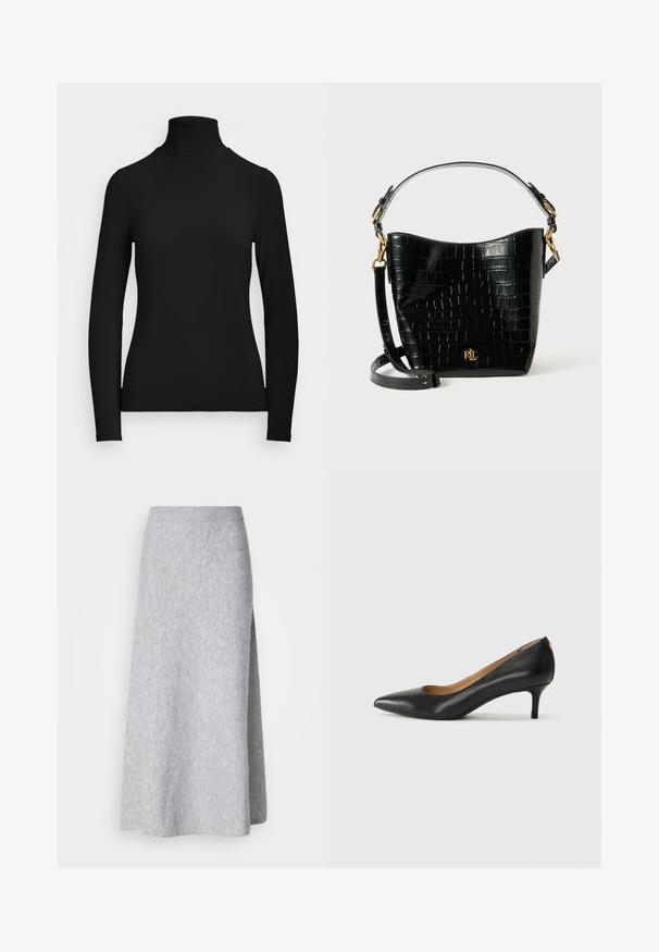 Schwarzes langärmliges Rollkragenoberteil aus glattem Stoff. Hat einen hohen Kragen und eine figurbetonte Silhouette ohne sichtbare Muster oder Akzente.; Hellgrauer, weicher Strick-Midirock mit geripptem Bund und seitlichem Schlitz, auf einem weißen Hintergrund präsentiert.; Schwarzer Lederpumps mit spitzem Zehenbereich, niedrigem Absatz und glatter Textur. Verfügt über eine leichte Öffnung an der Vorderseite und minimale Beschläge an der Rückseite.; Schwarze, krokodilgeprägte Lederhandtasche mit geschwungener Form, goldfarbenen Hardware-Akzenten, einem verstellbaren Riemen und einem Logodetail auf der Vorderseite.