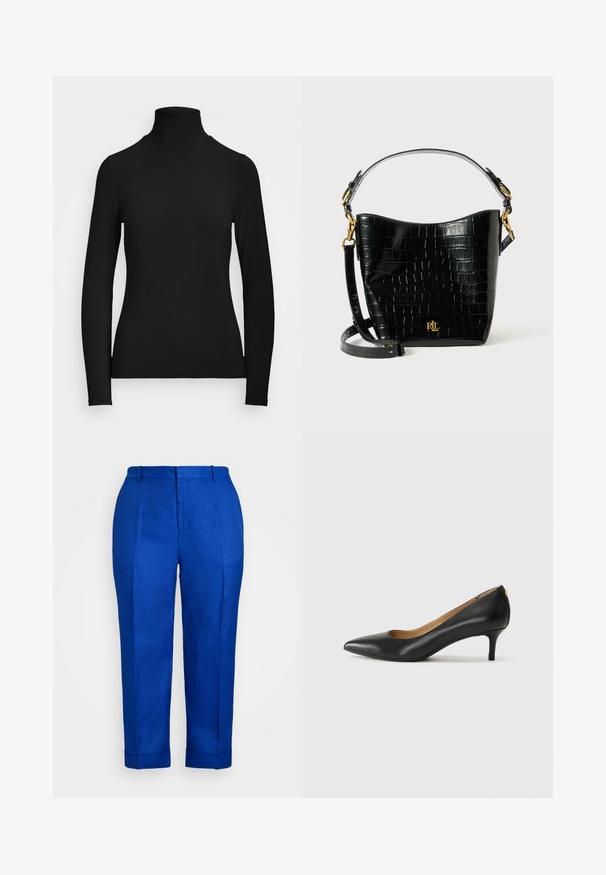 Melns garām piedurknēm turtlenecks tops, izgatavots no gludas auduma. Tam ir augsts kakls un pieguļoša siluets bez redzamām rakstzīmēm vai akcentiem.; Zilas lina bikses ar taisnu griezumu, kas raksturojas ar gludu tekstūru, apdarinātām malām un priekšējiem krokām, lai iegūtu pielāgotu izskatu.; Melnas ādas augstpapēžu kurpes ar pīlādžu purngalu, zemu papēdi un gludu virsmu. Raksturīga neliela atvere priekšā un minimāls aprīkojums aizmugurē.; Melnas krokodila raksts ādas soma ar izliekta formu, zelta aparatūru, regulējamu siksnu un logotipa detaļu priekšpusē.