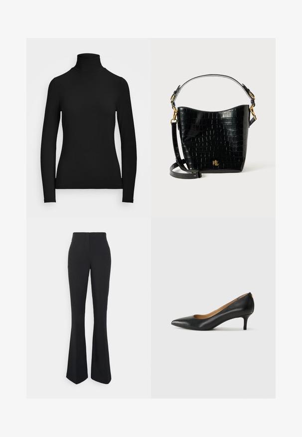 Schwarzes langärmliges Rollkragenoberteil aus glattem Stoff. Hat einen hohen Kragen und eine figurbetonte Silhouette ohne sichtbare Muster oder Akzente.; ONLY Tall ONLEDINA FLARE PANT - Stoffhose - black; Schwarzer Lederpumps mit spitzem Zehenbereich, niedrigem Absatz und glatter Textur. Verfügt über eine leichte Öffnung an der Vorderseite und minimale Beschläge an der Rückseite.; Schwarze, krokodilgeprägte Lederhandtasche mit geschwungener Form, goldfarbenen Hardware-Akzenten, einem verstellbaren Riemen und einem Logodetail auf der Vorderseite.