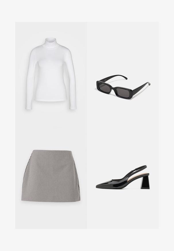 Hvit langermet genser med høy hals laget av et glatt, stretchy stoff. Har en tett passform og høy krage. Ingen synlige mønstre eller detaljer.; Svart og hvit gingham-skjørt med rett snitt, plissert på sidene og en jevn tekstur. Stoffet har et lite rutemønster.; Sorte patentledd slingback hæler med spiss tå, med en unik geometrisk blokkehl og en glatt tekstur. Justerbar stropp for støtte.; Svarte rektangulære solbriller med mørke linser, glanset overflate, brede stenger og en kraftig rammedesign. Graveret merkenavn på en stang.