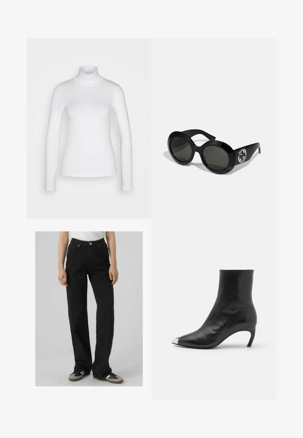 Balta ilgomis rankovėmis turtleneck marškinėliai, pagaminti iš lygaus, tamprių audinių. Turi aptemptą siluetą ir aukštą apykaklę. Nėra matomų raštų ar akcentų.; Juodos aukštu liemeniu džinsai su tiesaus kirpimo prigludimu, pagaminti iš džinsinio audinio, turintys dvi priekinės kišenes ir žalvario detales.; Iro JOLIMET - Klasikiniai aulinukai - glossy black; Juodos didelės akiniai nuo saulės su lygiu, blizgiu paviršiumi, turinčiais žalias objektyvus ir sidabrinį tarpusavyje susijungiantį logotipą šone.