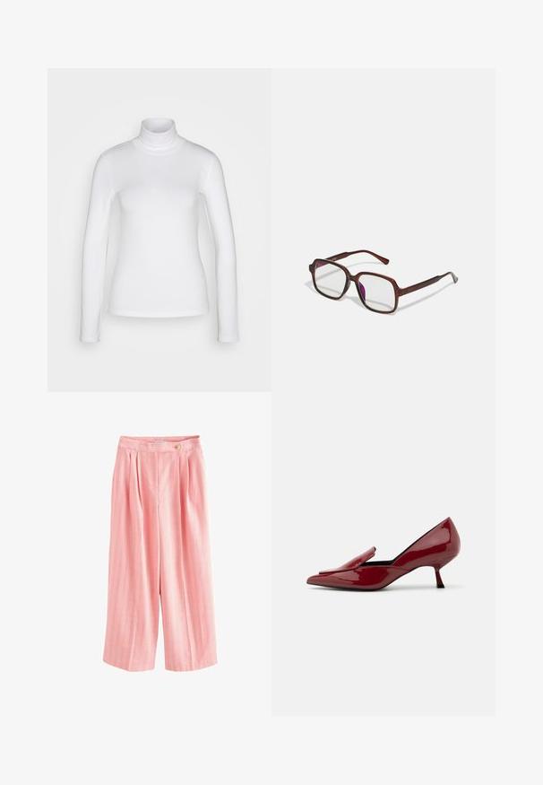 Maglione bianco a maniche lunghe con collo alto, realizzato in un tessuto liscio e elastico. Presenta una vestibilità aderente e un colletto alto. Nessun motivo o accento visibile.; Pantaloni larghi rosa con strisce verticali in giallo e bianco, con pieghe e chiusura a bottone in vita. Tessuto morbido e textured.; Scarpe con tacco in pelle verniciata rossa, con punta affilata, design slip-on e tacco a stiletto basso. Texture liscia con una silhouette elegante.; Occhiali rettangolari marroni con lenti trasparenti e tonalità viola. Montatura in plastica liscia con stanghette dritte e accenti sottili.