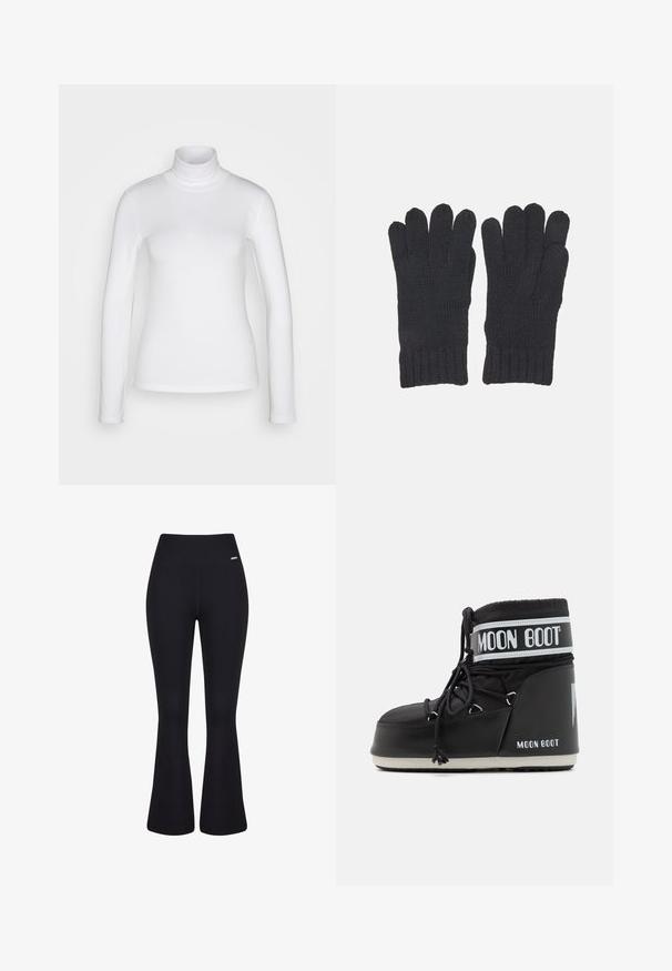 Camisa de cuello alto de manga larga blanca, fabricada en un tejido suave y elástico. Presenta un ajuste ceñido y un collar alto. Sin patrones ni acentos visibles.; Pantalones acampanados negros de canalé con una cinturilla alta. Textura suave y silueta ajustada que se estrecha hacia las rodillas antes de abrirse.; Bota Moon negra con parte superior acolchada, asegurada con cordones y una distintiva banda blanca con el logo. Suela de goma gruesa y texturizada.; Guantes de lana negra con puños acanalados, diseñados con aberturas separadas para los dedos que permiten una completa destreza. Textura suave y detalle de costura uniforme.